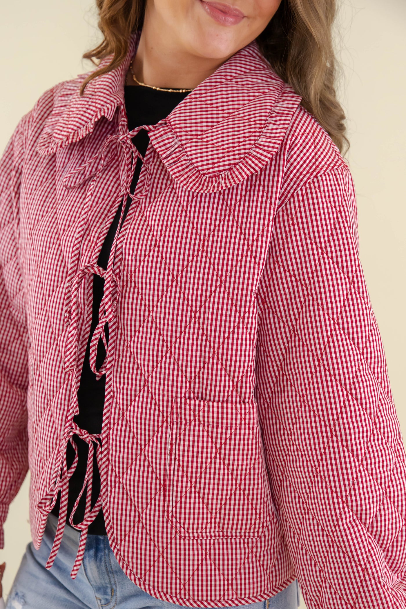 Women's Red Gingham Quilted Jacket- Vintage Style Jackets- Women's Ruffle Collar Jacket