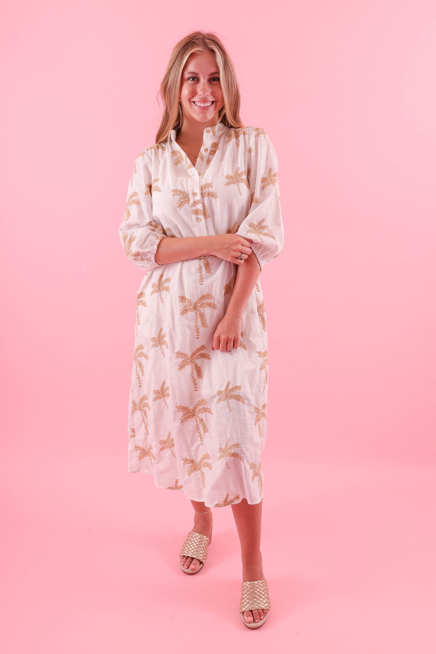 Embroidered Linen Midi Dress- Women's Palm Tree Dress- Ellison Dresses