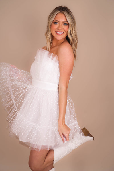 Women's White Tulle Dress- White Heart Tulle Dress- Women's White Mini Dress