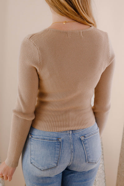 Opening Up Ribbed Top-Taupe