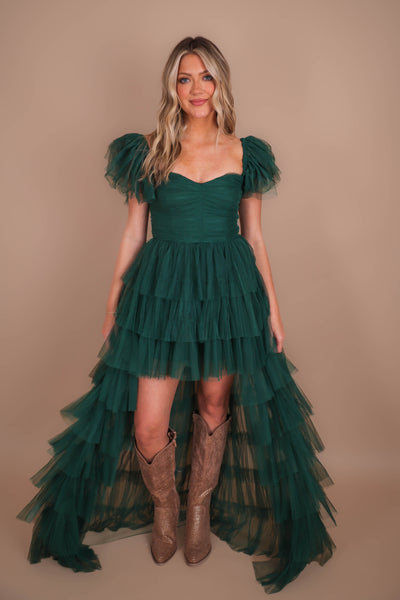 Women's Tulle Gown- Women's Green Tulle Maxi Dress- Luxxel Tulle Off The Shoulder Maxi 