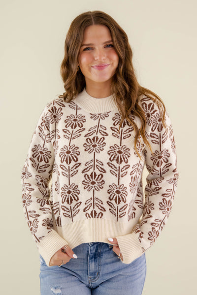 Women's Brown Flower Sweater- Women's Preppy Sweaters- &Merci Sweaters