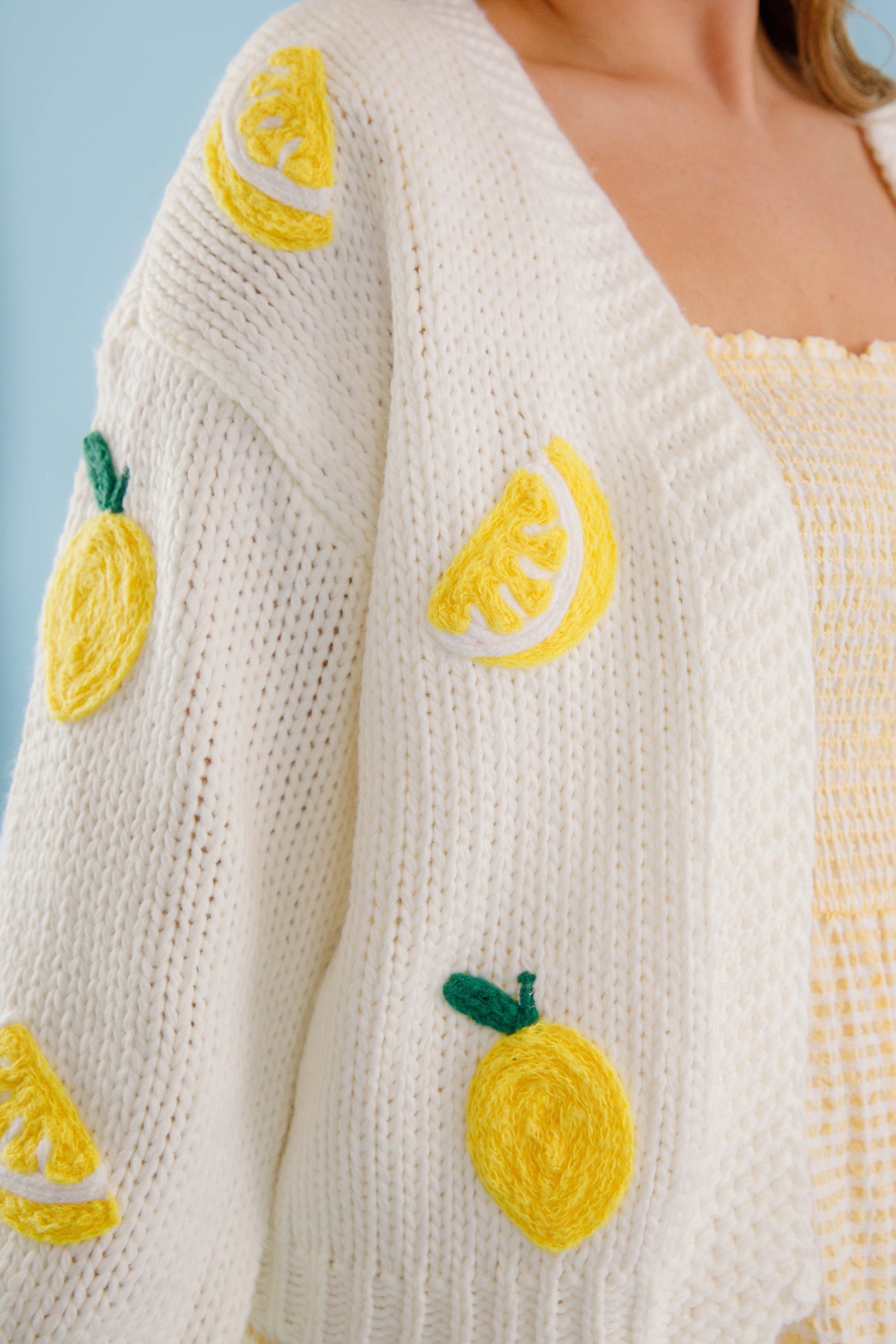 Embroidered Lemon Cardigan- Women's Lemon Fruit Sweater- Preppy Tops for Women