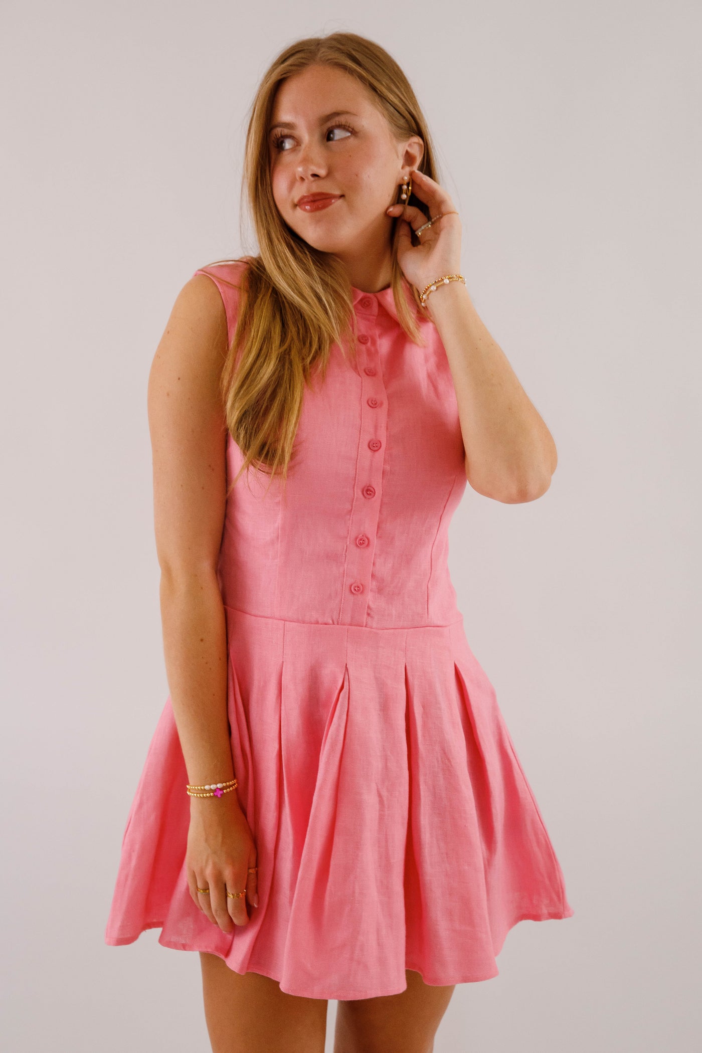 Bubblegum Linen Mini Dress with Pleated Skirt- Preppy Pink Linen Dress