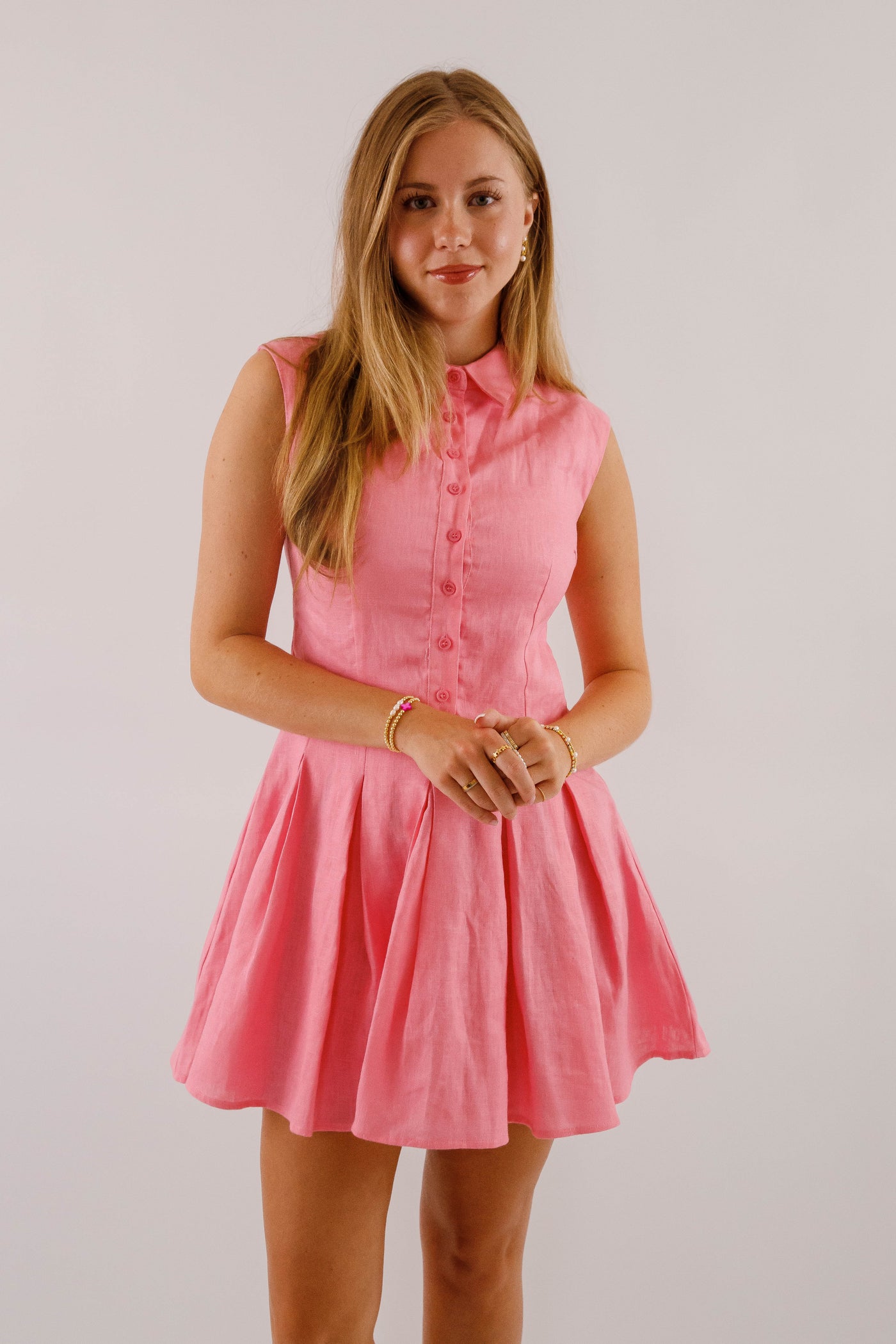 Bubblegum Linen Mini Dress with Pleated Skirt- Preppy Pink Linen Dress