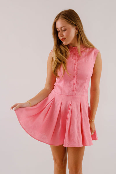 Bubblegum Linen Mini Dress with Pleated Skirt- Preppy Pink Linen Dress