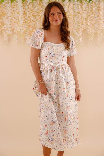 Multi Color Floral Print Midi Dress- Women's Puff Sleeve Bow Midi