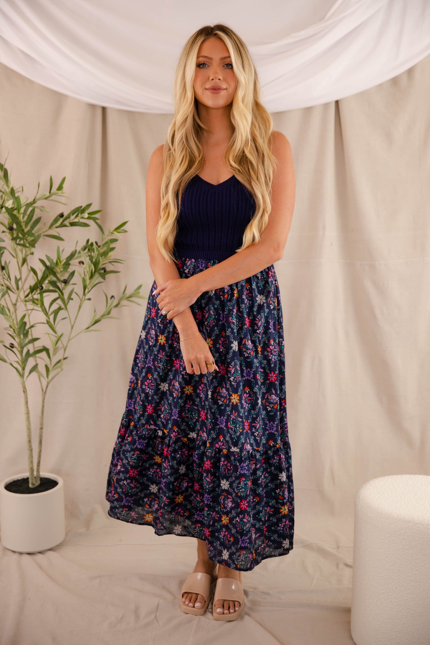 Floral Print Midi Dress- Navy Sweater Midi Dress- Skies Are Blue Dress