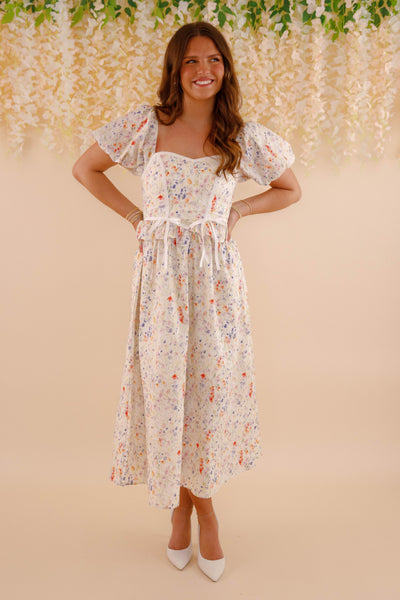 Multi Color Floral Print Midi Dress- Women's Puff Sleeve Bow Midi