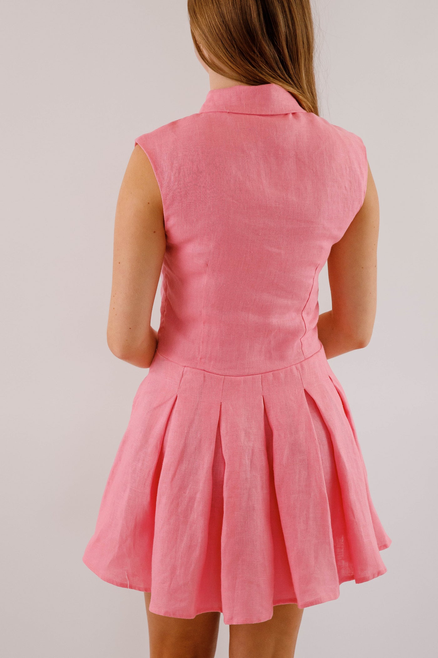 Bubblegum Linen Mini Dress with Pleated Skirt- Preppy Pink Linen Dress