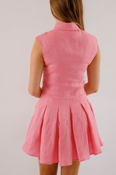 Bubblegum Linen Mini Dress with Pleated Skirt- Preppy Pink Linen Dress