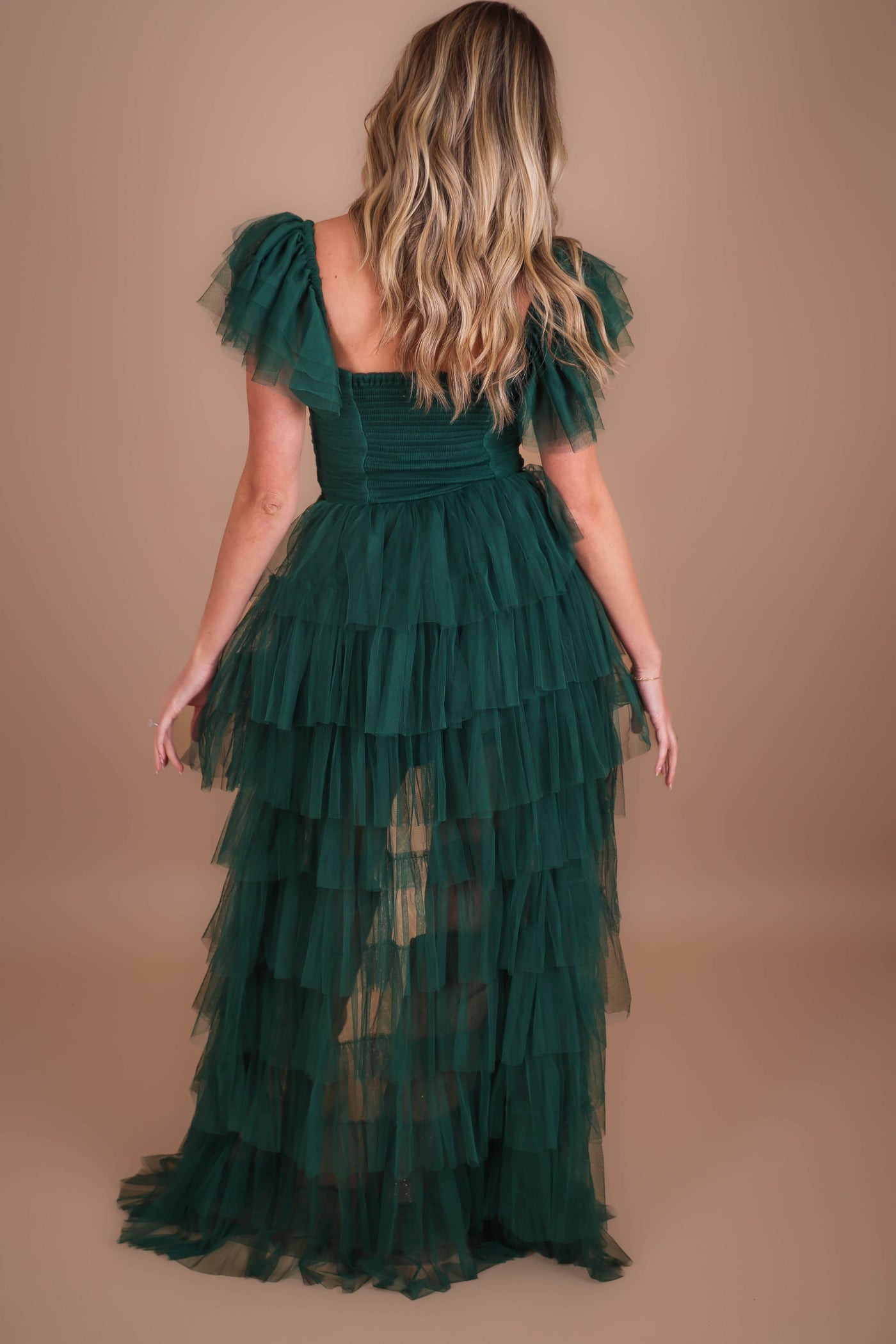 Women's Tulle Gown- Women's Green Tulle Maxi Dress- Luxxel Tulle Off The Shoulder Maxi 