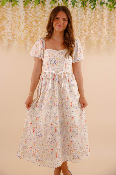 Multi Color Floral Print Midi Dress- Women's Puff Sleeve Bow Midi