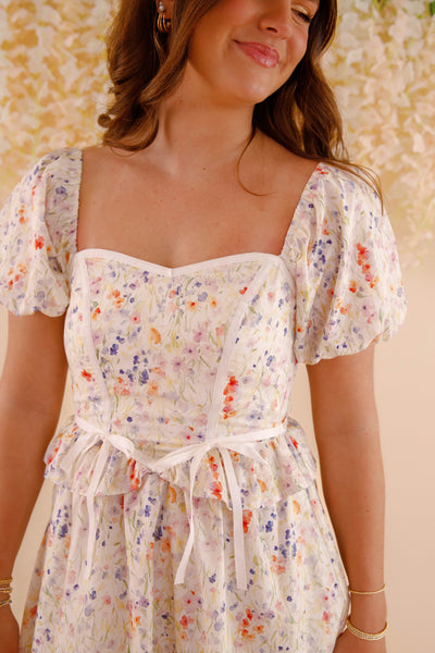 Multi Color Floral Print Midi Dress- Women's Puff Sleeve Bow Midi