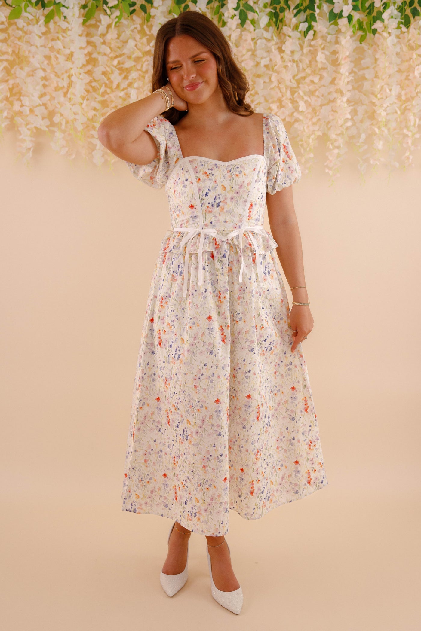 Multi Color Floral Print Midi Dress- Women's Puff Sleeve Bow Midi