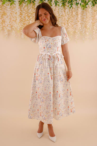 Multi Color Floral Print Midi Dress- Women's Puff Sleeve Bow Midi