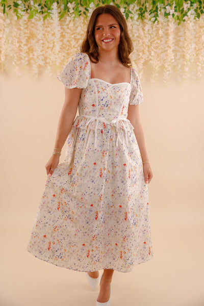 Multi Color Floral Print Midi Dress- Women's Puff Sleeve Bow Midi