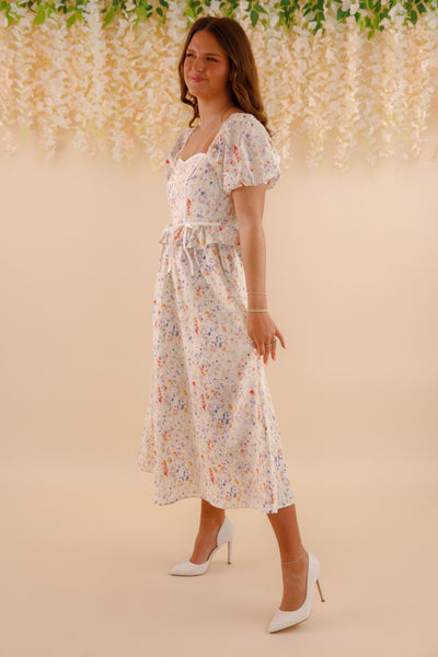Multi Color Floral Print Midi Dress- Women's Puff Sleeve Bow Midi