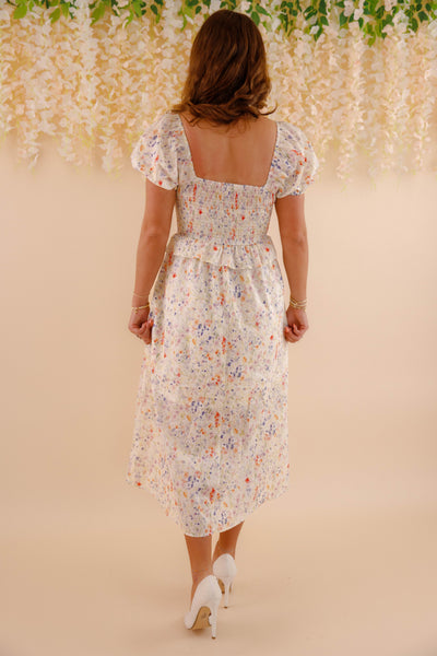 Multi Color Floral Print Midi Dress- Women's Puff Sleeve Bow Midi