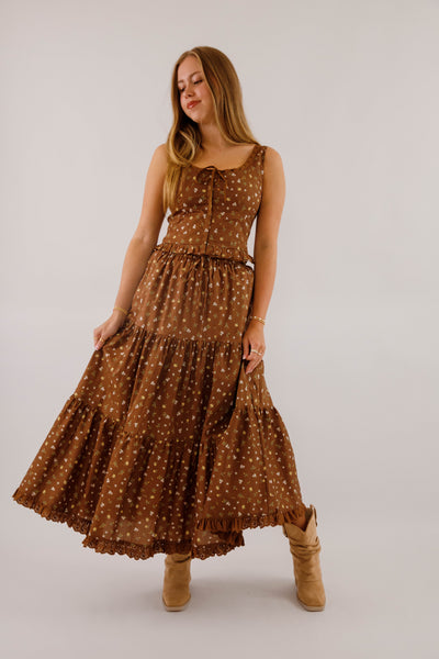 Tiered Floral Maxi Skirt With Eyelet Trim- Women's Brown Floral Two Piece Set