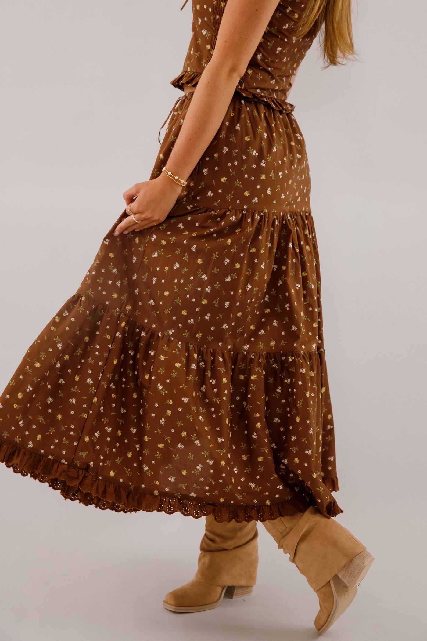 Tiered Floral Maxi Skirt With Eyelet Trim- Women's Brown Floral Two Piece Set