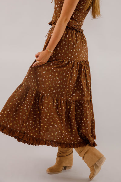Tiered Floral Maxi Skirt With Eyelet Trim- Women's Brown Floral Two Piece Set