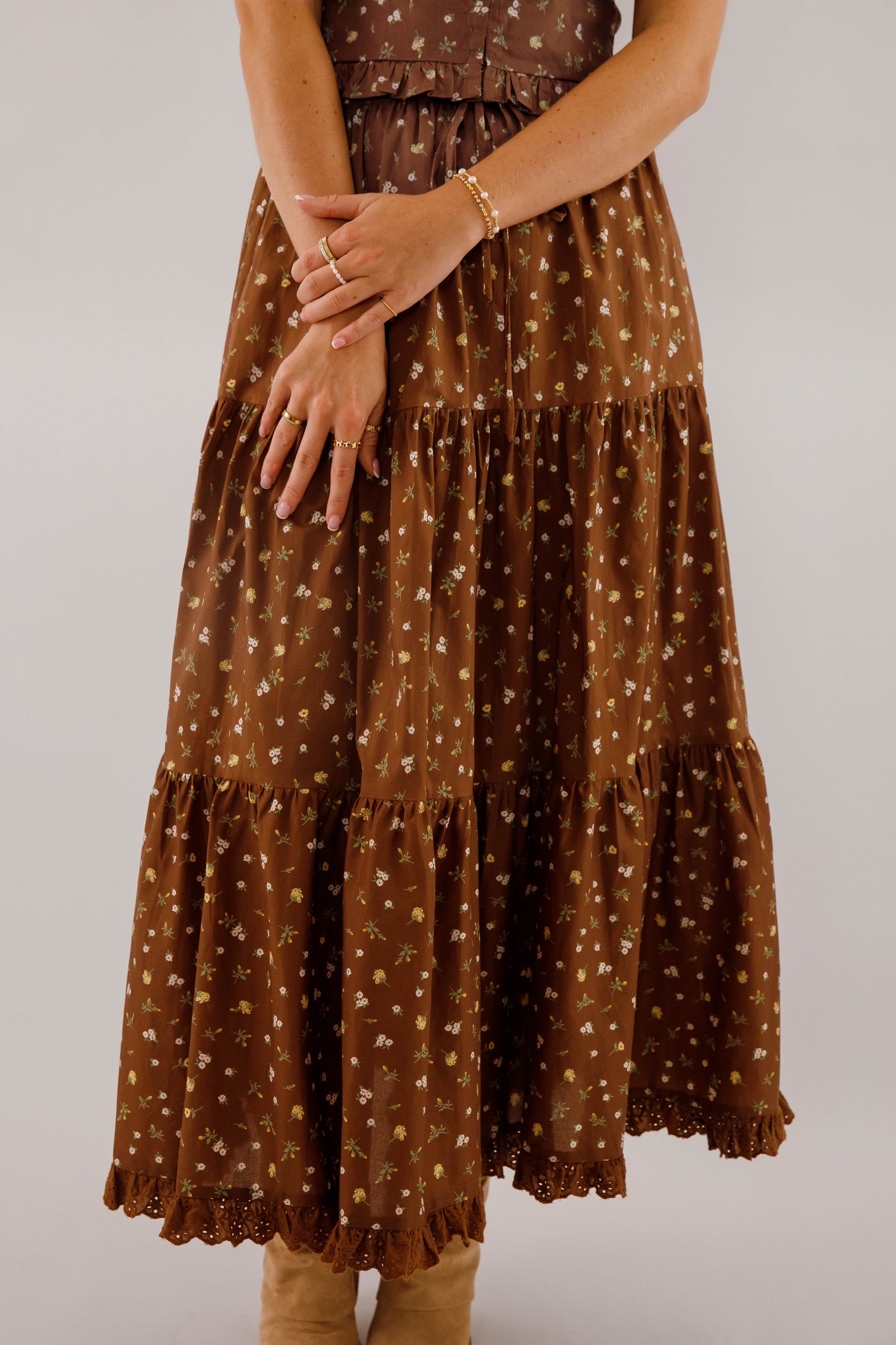 Tiered Floral Maxi Skirt With Eyelet Trim- Women's Brown Floral Two Piece Set
