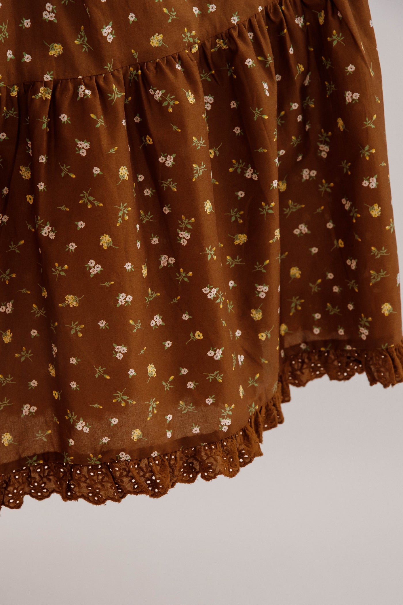 Tiered Floral Maxi Skirt With Eyelet Trim- Women's Brown Floral Two Piece Set