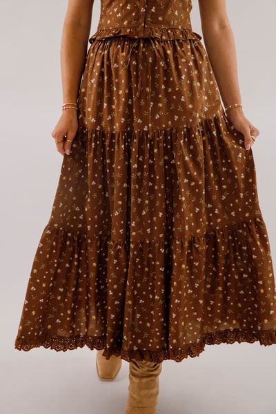 Tiered Floral Maxi Skirt With Eyelet Trim- Women's Brown Floral Two Piece Set