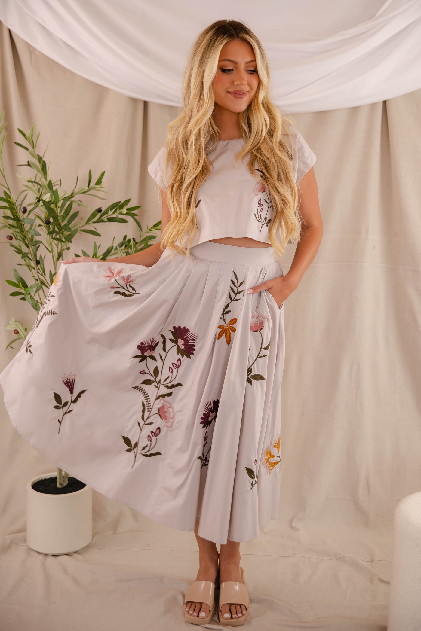 Floral Embroidery Crop Top- Midi Skirt Set- Mable Embroidered Set