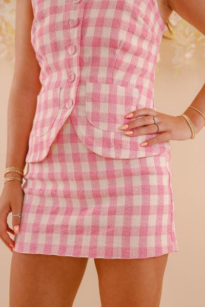 Pink and White Tweed Gingham Print Mini Skirt- Women's Pink Tweed Skirt- Pink Gingham Set
