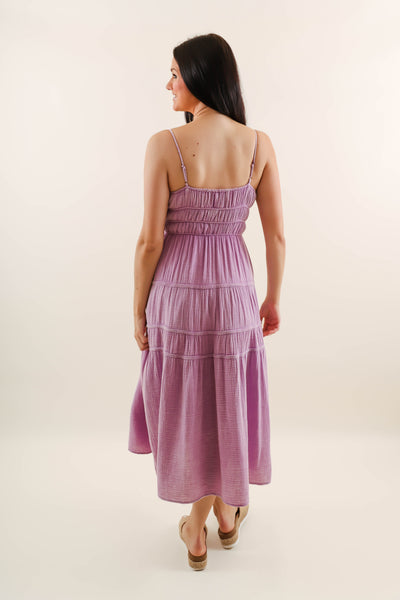 Purple Mineral Wash Midi Dress- Comfortable Cotton Gauzy Dress- She + Sky Mineral Wash Dress