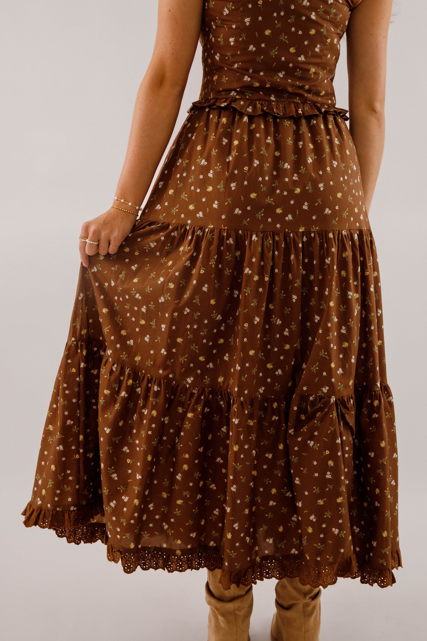 Tiered Floral Maxi Skirt With Eyelet Trim- Women's Brown Floral Two Piece Set