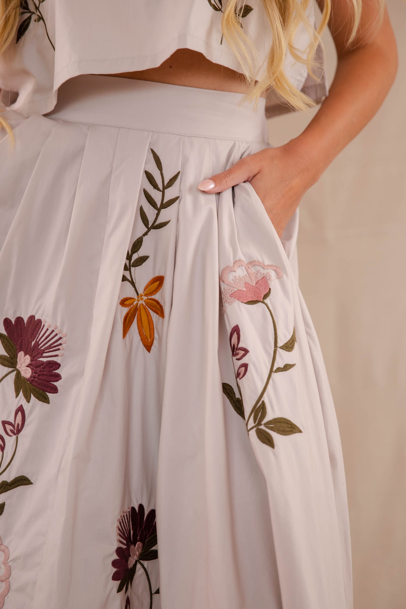 Midi Flare Skirt- Two Piece Embroidered Set- Mable Floral Set