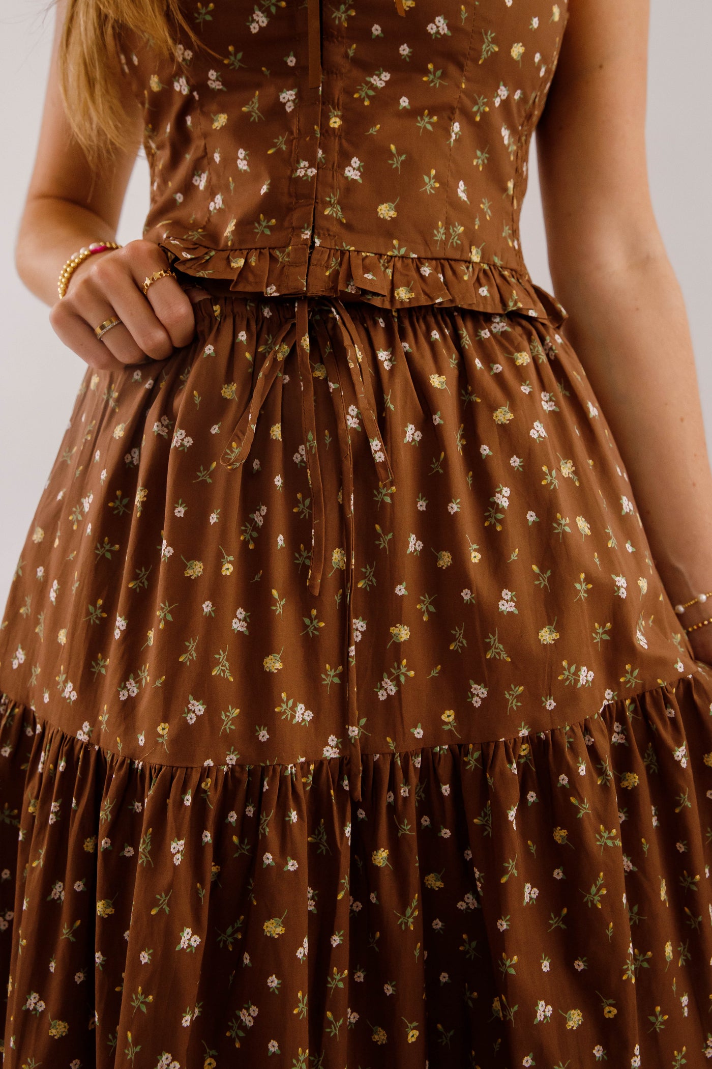 Tiered Floral Maxi Skirt With Eyelet Trim- Women's Brown Floral Two Piece Set