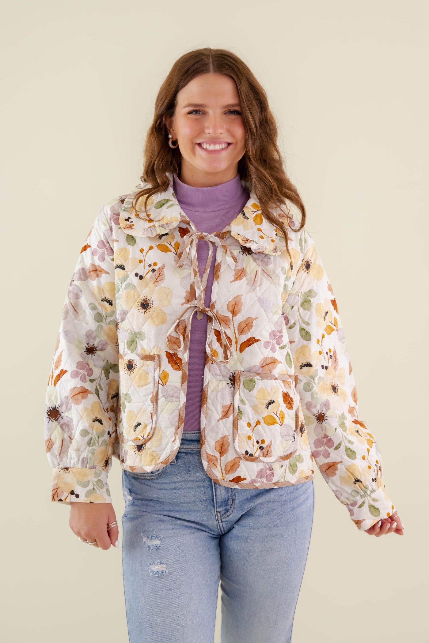 Floral Print Quilted Jacket- Women's Gingham Quilted Jacket- Entro Jackets