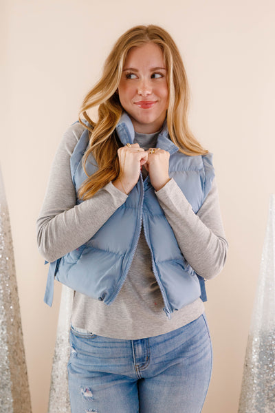 Light Blue Cropped Puffer Vest- Women's Bow Puffer Vest- VeryJ Winter Vest