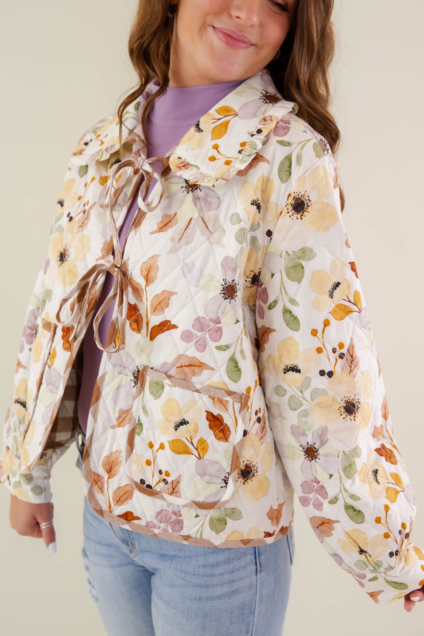 Floral Print Quilted Jacket- Women's Gingham Quilted Jacket- Entro Jackets