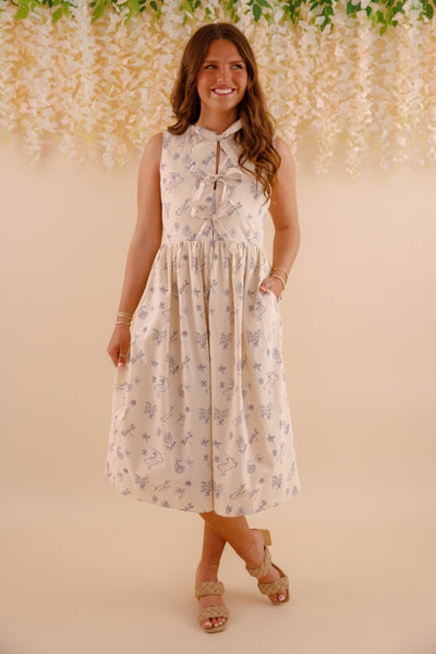 Women's Printed Midi Dress- Bow Tie Front Dress- Aureum Dresses
