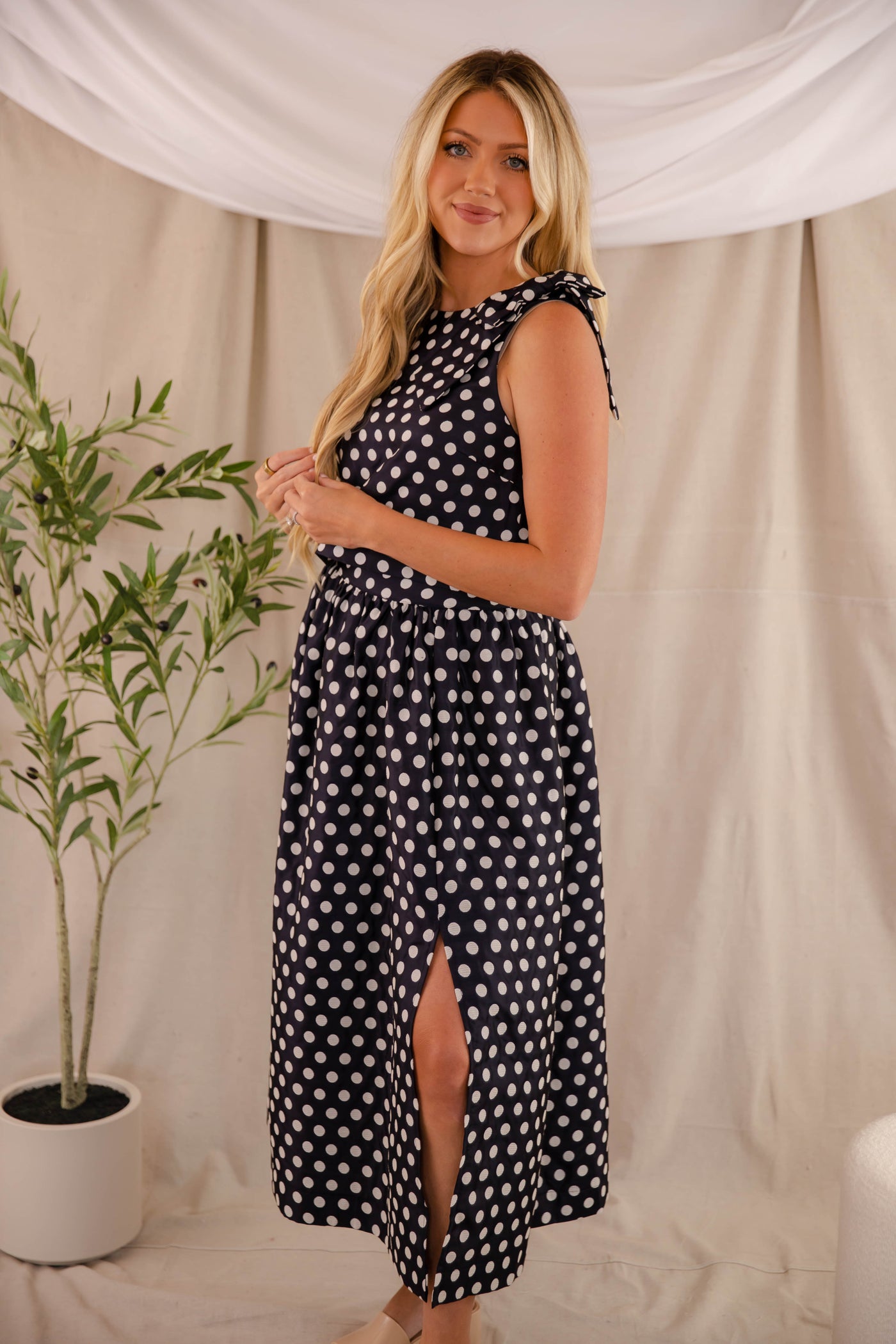 Navy and White Polkadot Blouse- Women's Navy Bow Blouse- Mable Set