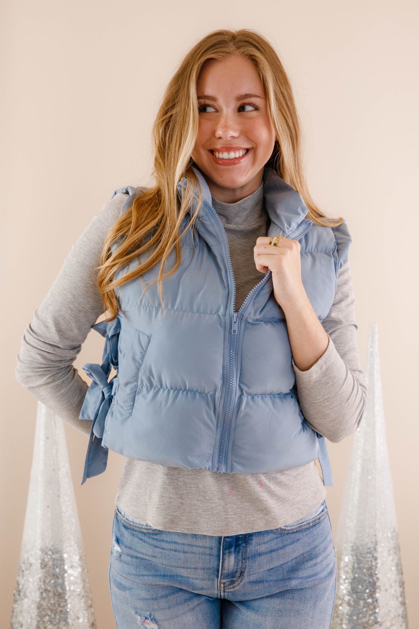 Light Blue Cropped Puffer Vest- Women's Bow Puffer Vest- VeryJ Winter Vest