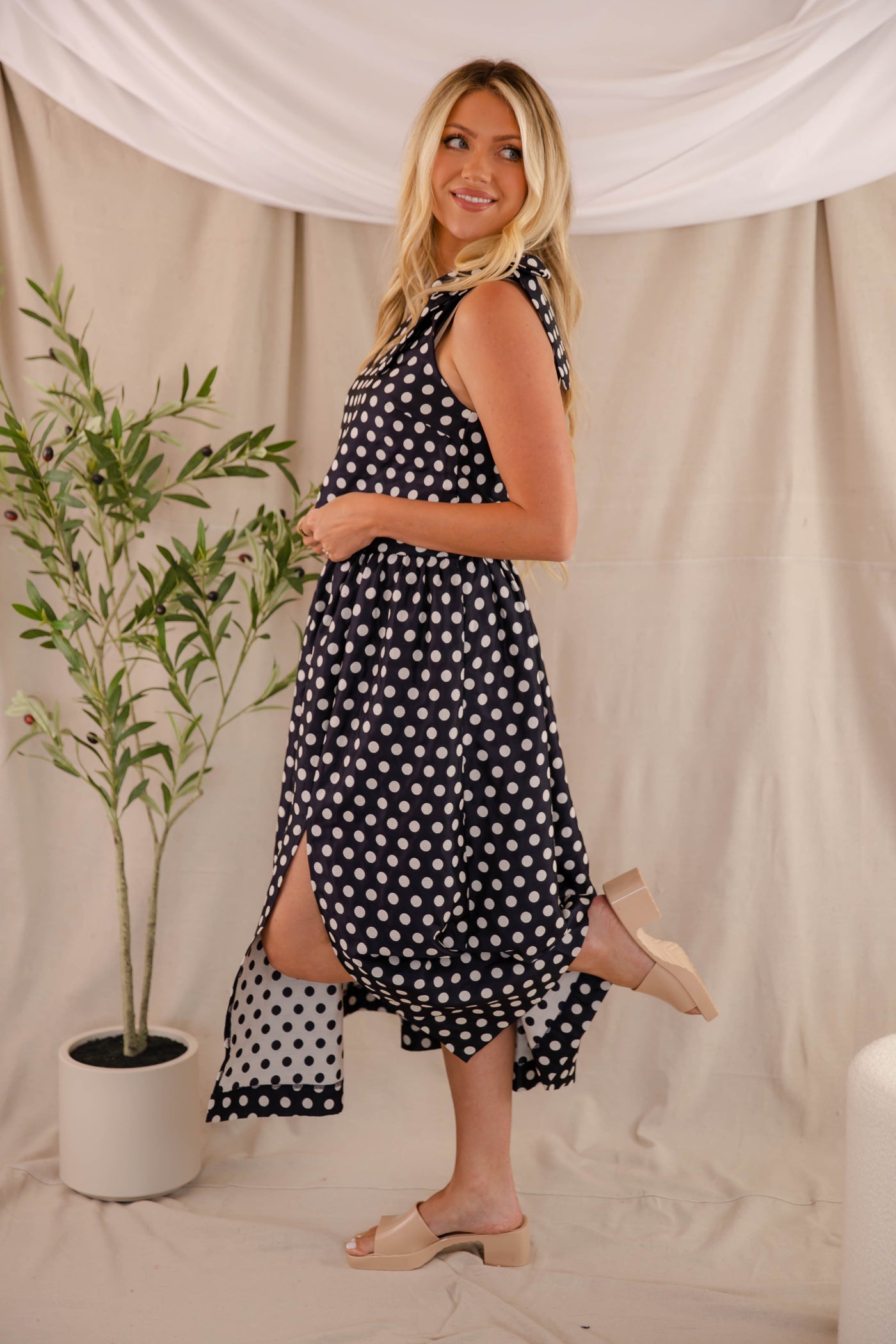 Navy and White Polkadot Skirt- Women's Navy Midi Skirt- Mable Set