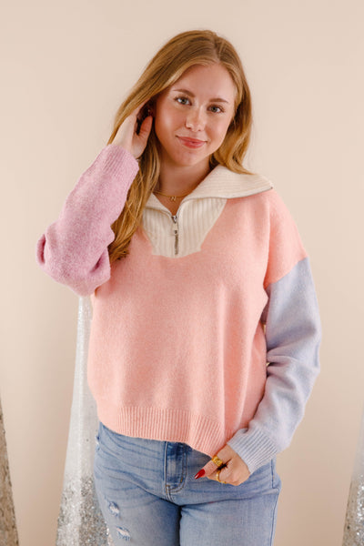 Women's Quarter Zip Sweater- Neutral Color Block Sweater For Women- Super Soft Women's Sweaters