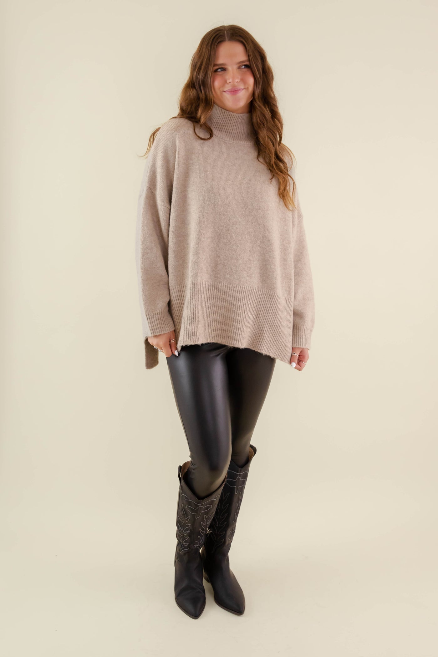 Oversized Taupe Mockneck Sweater- Women's Soft Oversized Sweater- Ribbed Knit Comfy Sweater