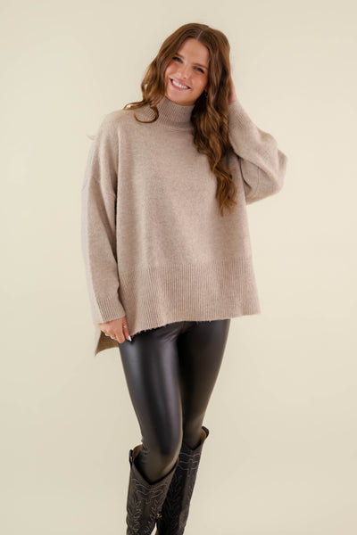 Oversized Taupe Mockneck Sweater- Women's Soft Oversized Sweater- Ribbed Knit Comfy Sweater