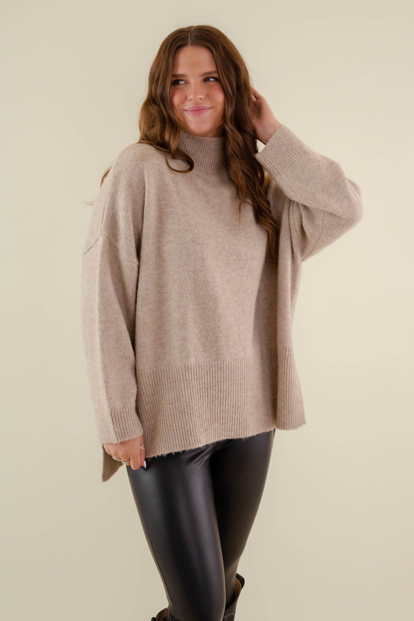 Oversized Taupe Mockneck Sweater- Women's Soft Oversized Sweater- Ribbed Knit Comfy Sweater