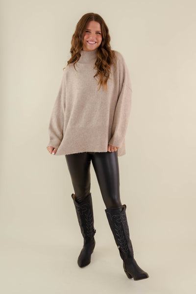 Oversized Taupe Mockneck Sweater- Women's Soft Oversized Sweater- Ribbed Knit Comfy Sweater