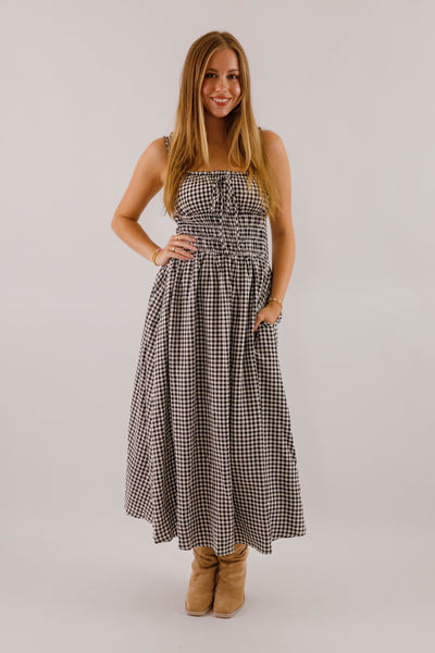 Black and White Gingham Midi Dress- Women's Smocked Waist Dress- Fall Dresses
