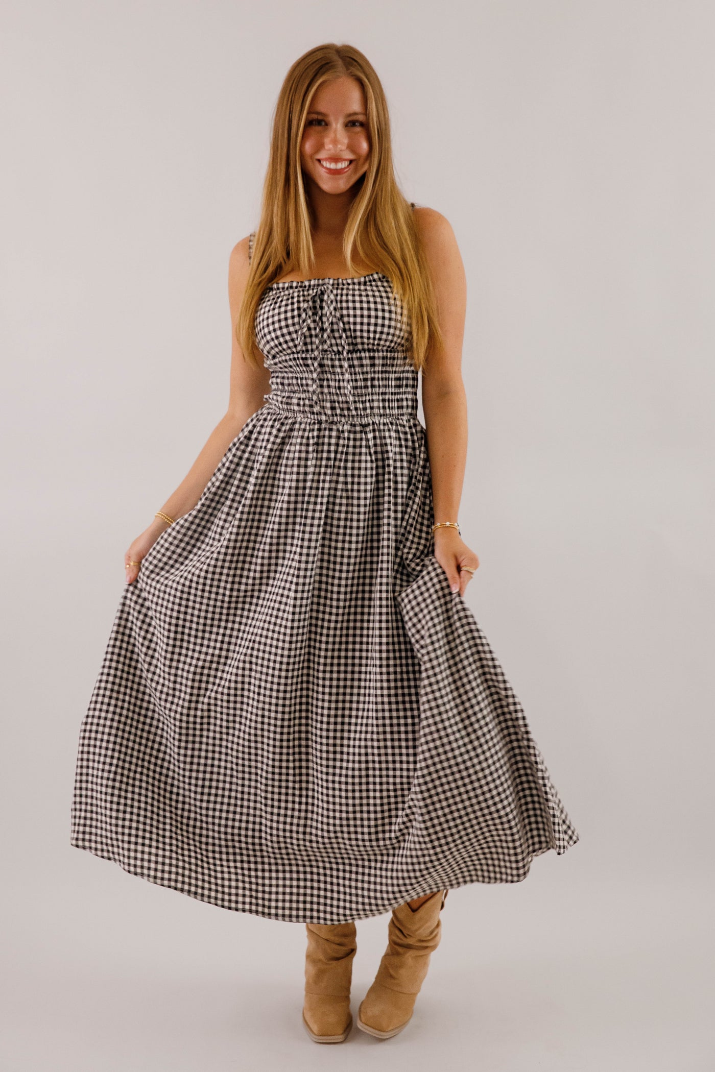 Black and White Gingham Midi Dress- Women's Smocked Waist Dress- Fall Dresses