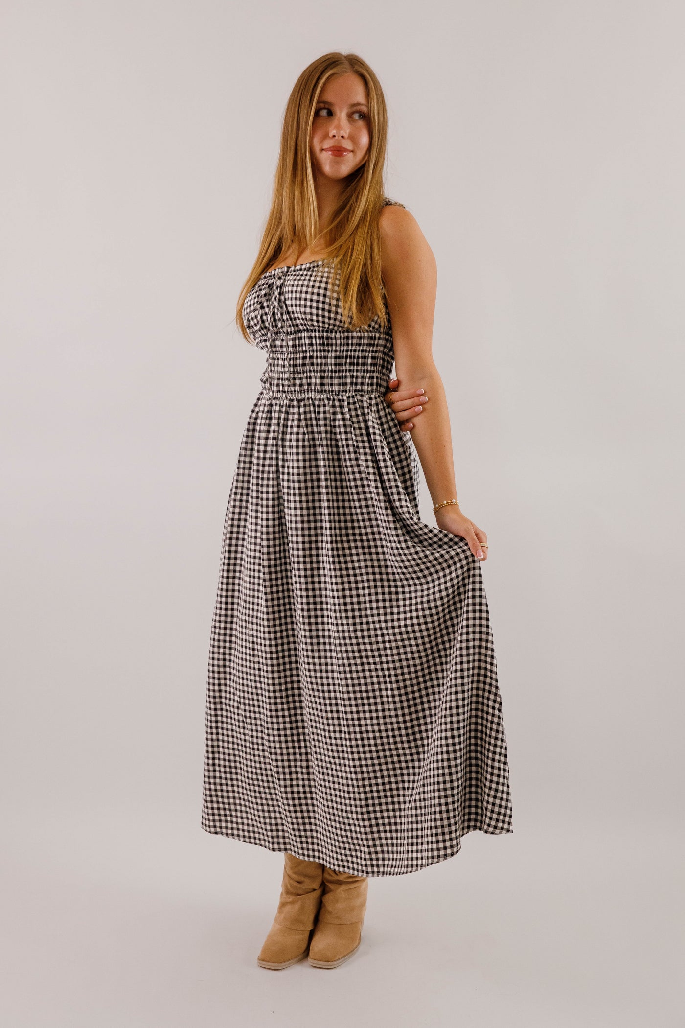 Black and White Gingham Midi Dress- Women's Smocked Waist Dress- Fall Dresses